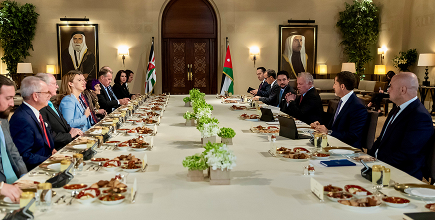 His Majesty King Abdullah, during a meeting on Sunday with a delegation from the US House Appropriations Committee attended by HRH Crown Prince Hussein, stresses the need to put a stop to extremist Israeli attacks on Palestinians, which threaten to lead to a regional spillover of the conflict (Photo courtesy of Royal Court)