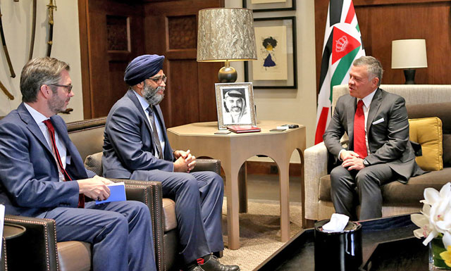 His Majesty King Abdullah meets with Canadian Defence Minister Harjit Sajjan in Amman on Sunday (Photo courtesy of Royal Court)