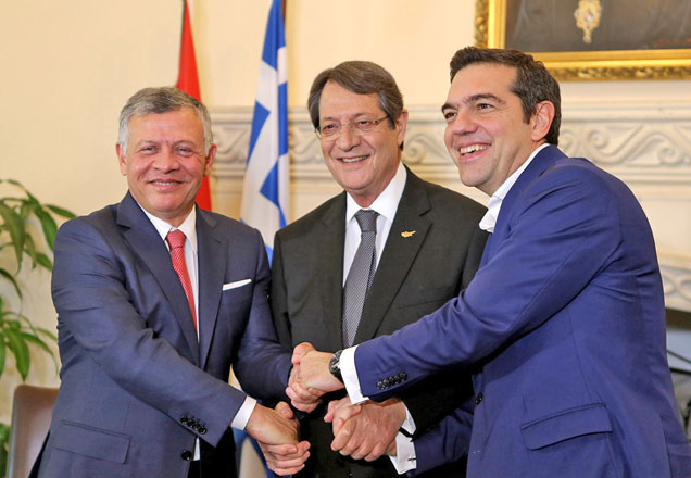 His Majesty King Abdullah poses for a group photo with Cypriot President Nicos Anastasiades (centre) and Greek Prime Minister Alexis Tsipras in Nicosia on Tuesday (Photo courtesy of Royal Court )
