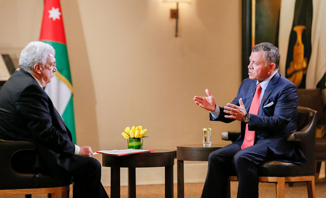 His Majesty King Abdullah speaks to Mikhail Gusman in an interview for TASS News Agency/Russia-24 Television ahead of his visit to Russia due later this week (Photo courtesy of Royal Court)