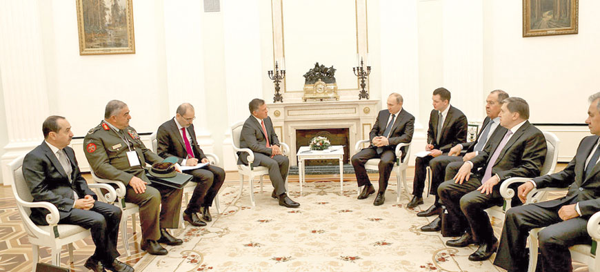 His Majesty King Abdullah holds talks with Russian President Vladimir Putin in Moscow on Thursday (Photo courtesy of Royal Court)