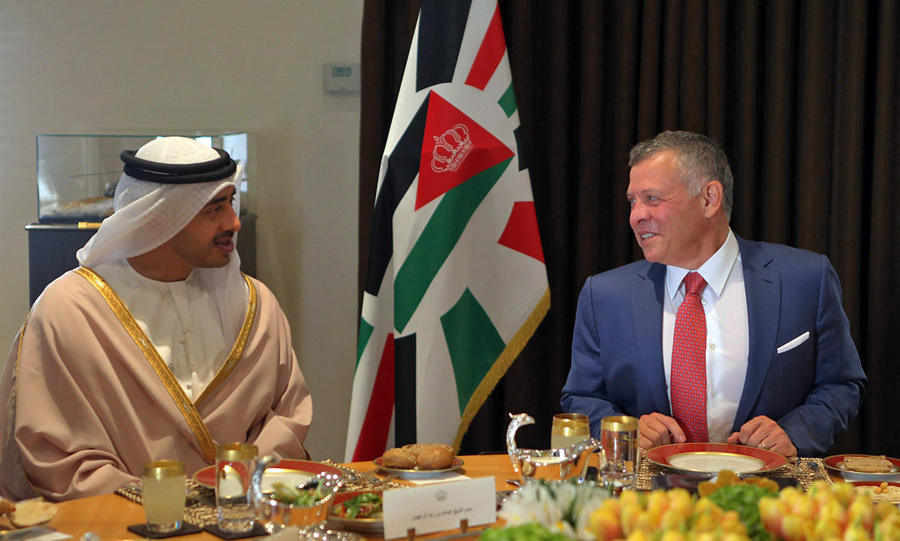 His Majesty King Abdullah meets with UAE Foreign Minister Sheikh Abdullah Bin Zayed Al Nahyan in Amman on Tuesday (Photo courtesy of Royal Court)