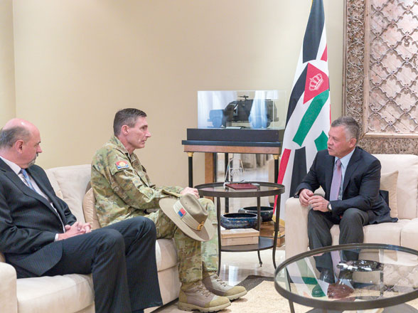 His Majesty King Abdullah receives Chief of the Australian Army Lt. Gen. Angus John Campbell in Amman on Monday (Photo courtesy of Royal Court)