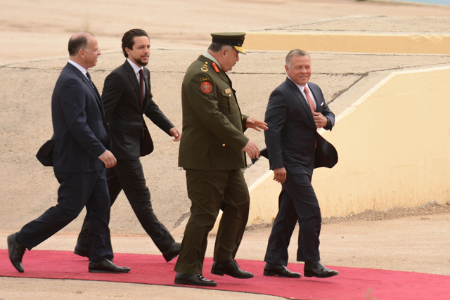 His Majesty King Abdullah and HRH Crown Prince Hussein arrive at the site of SOFEX, which His Majesty inaugurated, in Amman on Tuesday (Photo by Amjad Ghsoun)