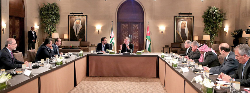 His Majesty King Abdullah chairs a meeting of the National Policies Council, attended by HRH Crown Prince Hussein, in Amman on Tuesday (Photo courtesy of Royal Court)