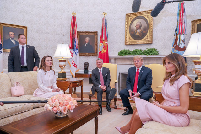 His Majesty King Abdullah meets with US President Donald Trump at the White House on Monday, in the presence of Her Majesty Queen Rania and First Lady Melania Trump (Photo courtesy of Royal Court)