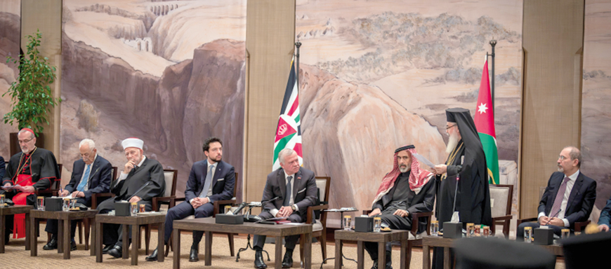 His Majesty King Abdullah on Wednesday meets with religious leaders from Jerusalem and Jordan at Al Husseiniya Palace. His Majesty reiterates the need to stand united in defending Islamic and Christian holy sites in Jerusalem (Photo courtesy of Royal Court)