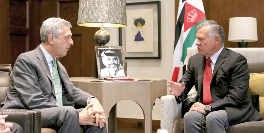 His Majesty King Abdullah meets with UN High Commissioner for Refugees Filippo Grandi in Amman on Monday (Photo courtesy of Royal Court)