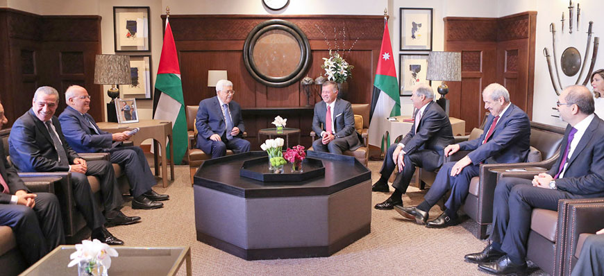 His Majesty King Abdullah and Palestinian President Mahmoud Abbas hold talks in Amman on Monday (Photo courtesy of Royal Court)