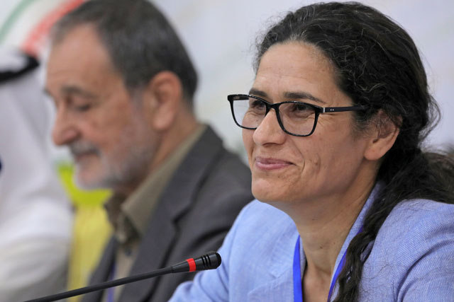 Riad Darar and Ilham Ahmed co-chair’s of the Syrian Democratic Council are seen during the third meeting in Tabaqa, Syria, on Monday (Reuters photo)