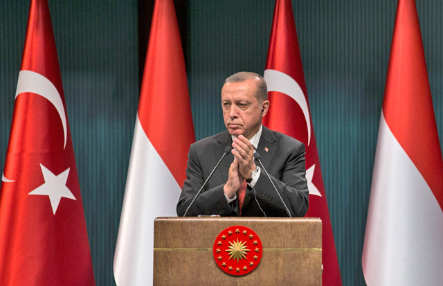 Turkish President Recep Tayyip Erdogan and Indonesian President Joko Widodo (not seen) hold a joint press conference after their bilateral meeting at Presidential Complex in Ankara, Turkey, on Thursday (Anadolu Agency photo)