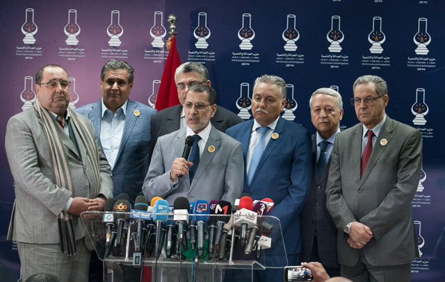 Head of the National Council of Justice and Development Party Saad Eddine El Othmani (centre) speaks during a joint press conference held at the party’s headquarters in Rabat, Morocco, on Saturday (Anadolu Agency photo)