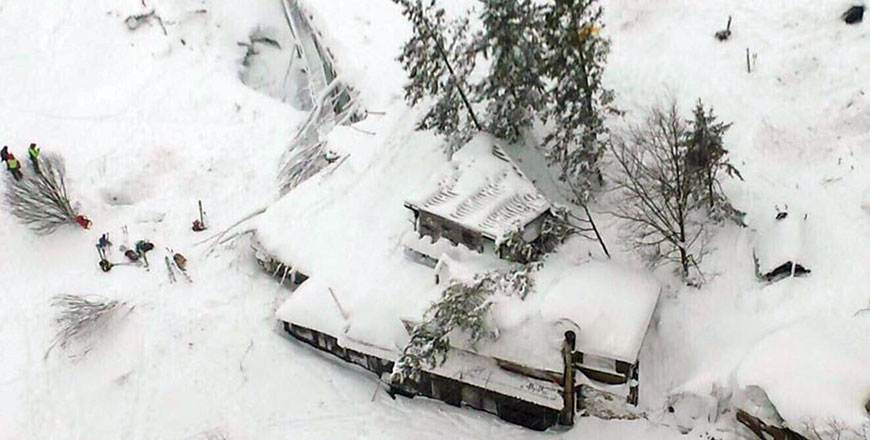 An aerial view of the Rigopiano Hotel hit by an avalanche in Farindola, Italy, early Thursday (AP photo)