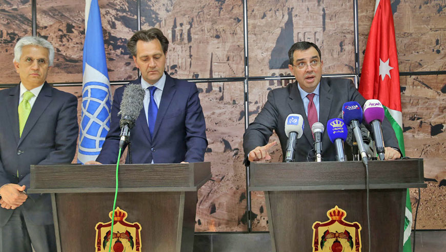 Planning and International Cooperation Minister Imad Fakhoury speaks to reporters at a press conference in the presence of World Bank top executives in Amman, on Sunday  (Photo courtesy of Planning and International Cooperation Ministry)