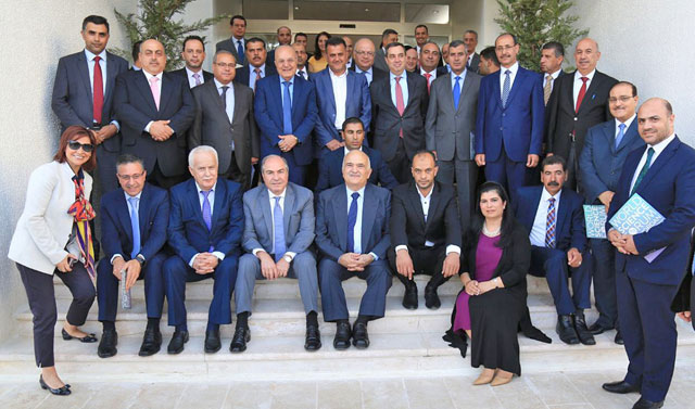 HRH Prince Hassan and HRH Princess Sumaya pose for a group photo at the inauguration of the newly renovated Higher Council for Science and Technology  building on Monday   (Petra photo)