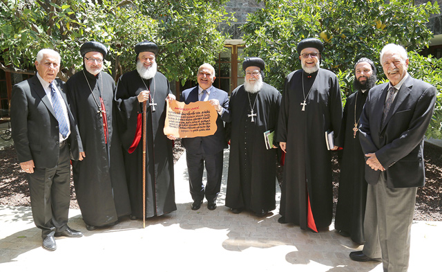 HRH Prince Hassan meets with the with Patriarch Mor Ignatius Aphrem II, Patriarch of Antioch and All the East and Supreme Head of the Universal Syriac Orthodox Church (third from left) and his accompanying delegation, on Wednesday (Petra photo)