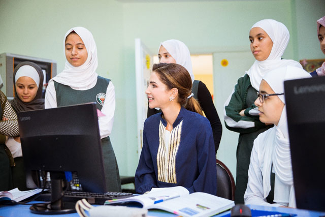 Her Majesty Queen Rania meets with beneficiaries of the Queen Rania Teacher Academy in Karak on Monday  (Photo courtesy of Royal Court)