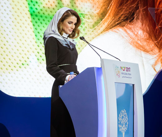 Her Majesty Queen Rania delivers a speech at the Misk Global Forum (MGF) in Riyadh, on Wednesday (Photo courtesy of Royal Court)