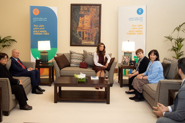 Her Majesty Queen Rania attends the main session of the fifth annual Teacher Skills Forum on Sunday (Photo courtesy of Royal Court)