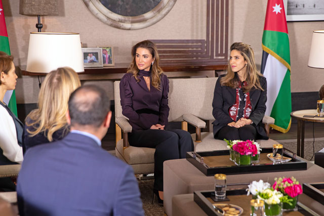 Her Majesty Queen Rania meets with the winners of the Queen Rania Award for Education Entrepreneurship to congratulate them on their innovative efforts to improve education in the Arab world on Tuesday (Photo courtesy of Royal Court)