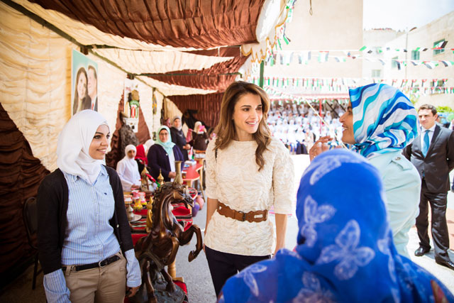 Her Majesty Queen Rania visits the Safout Secondary School for Girls on Tuesday (Photo courtesy of Royal Court)