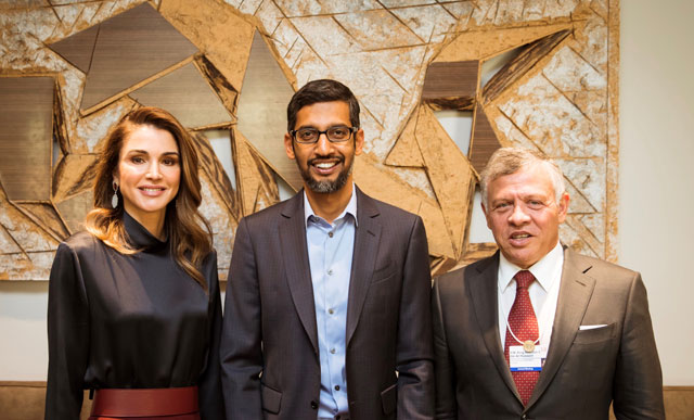 Their Majesties King Abdullah and Queen Rania pose for a photo with Google CEO Sundar Pichai at the World Economic Forum in Davos on Wednesday (Photo courtesy of Royal Court)