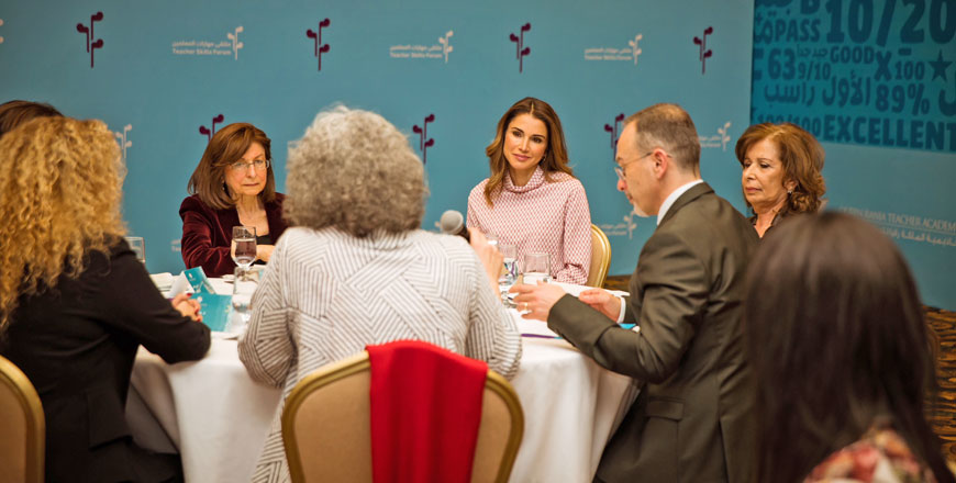 Her Majesty Queen Rania attends the ‘Arabic Language Learning Standards for Native Speakers’ document launch session at the fourth annual Teacher Skills Forum, on Sunday (Photo courtesy of Royal Court)