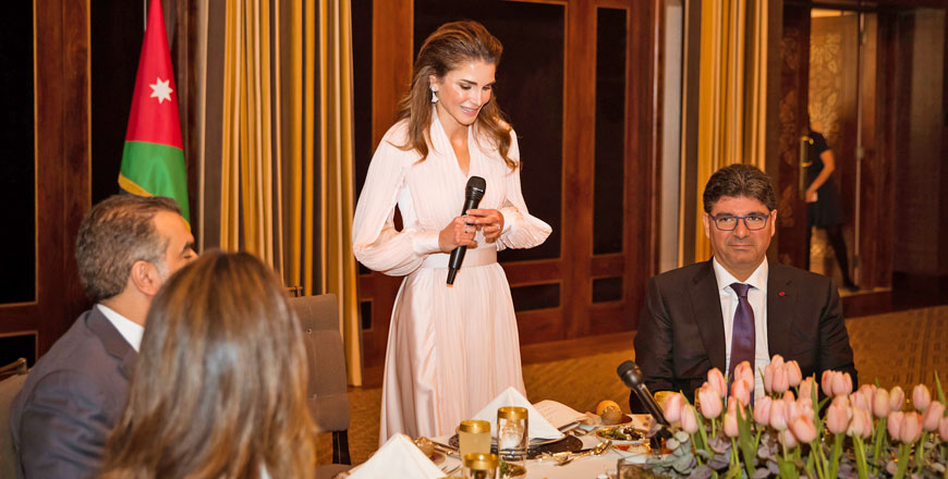 Her Majesty Queen Rania thanks the major donors of the Jordan River Foundation at Al Husseiniya Palace on Tuesday  (Photo courtesy of Royal Court)