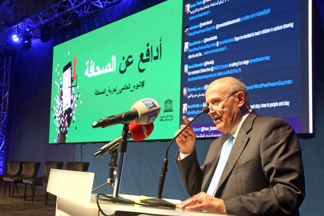 Chairman of the Jordan Press Foundation (JPF) Ayman Majali gives the closing speech at the JPF-hosted UNESCO celebration of the World Press Freedom Day 2019 on Wednesday (JT photos)