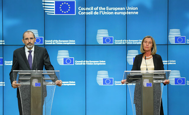 Foreign Minister Ayman Safadi and High Representative of the European Union for Foreign Affairs and Security Policy Federica Mogherini hold a joint press conference after the EU-Jordan Association Council meeting in Brussels, Belgium, on Monday (Anadolu Agency photo by Dursun Aydemir)