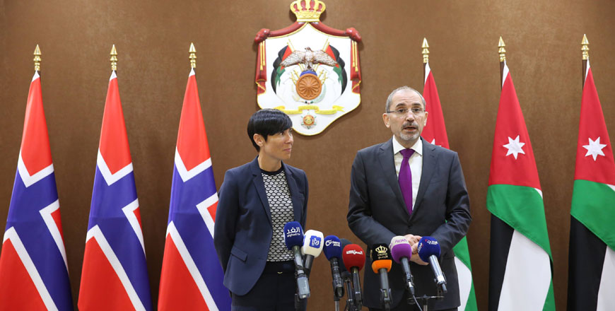 Foreign Minister Ayman Safadi speaks to reporters at a joint  press conference with his Norwegian counterpart Ine Marie Eriksen Soreide in Amman on Tuesday (Photo by Sahem Rababaa)