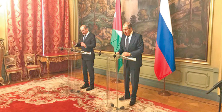 Foreign Minister Ayman Safadi (left) and Russia's Foreign Affairs Minister Sergey Lavrov during a press conference in Moscow on Wednesday (Photo courtesy of Foreign Ministry)