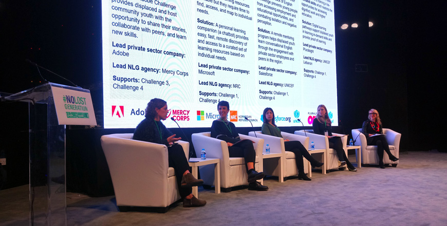 Speakers take part in a discussion panel at the No Lost Generation Tech Summit 2018 in Amman on Wednesday (Photo by Ana V. Ibáñez Prieto)