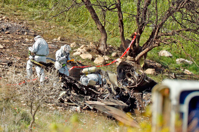 This photo taken in the northern Israeli kibbutz Harduf on Saturday shows the remains of an Israel F-16 that crashed after coming under fire by Syrian air defences during attacks against ‘Iranian targets’ in the war-torn country (AFP photo)