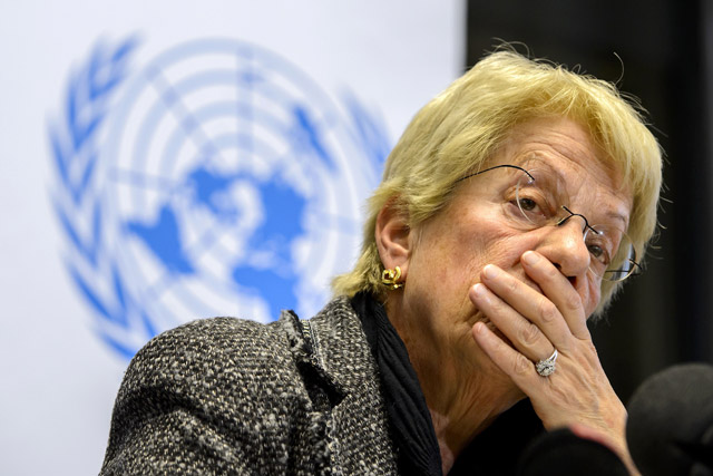 This file photo taken on February 18, 2013 shows former United Nations Swiss prosecutor and member of a UN-mandated commission of inquiry on the Syria conflict Carla del Ponte looking on during a press conference in Geneva (AFP photo)
