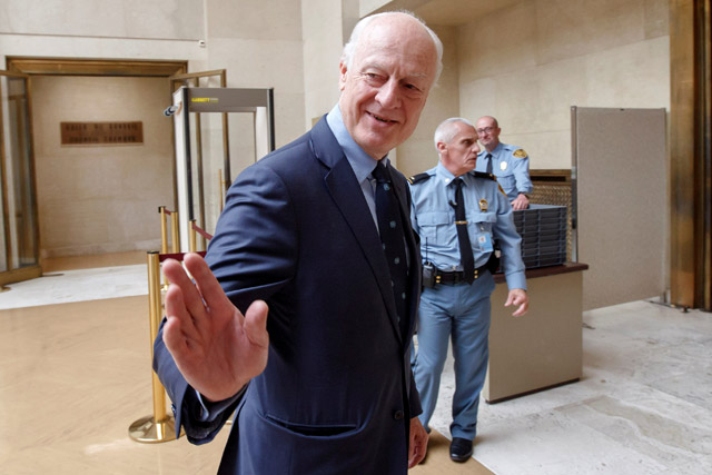 UN Special Envoy of the Secretary General for Syria Staffan de Mistura arrives to take part in the Intra Syria talks, at the European headquarters of the United Nations in Geneva, Switzerland, on Tuesday  (Reuters photo)