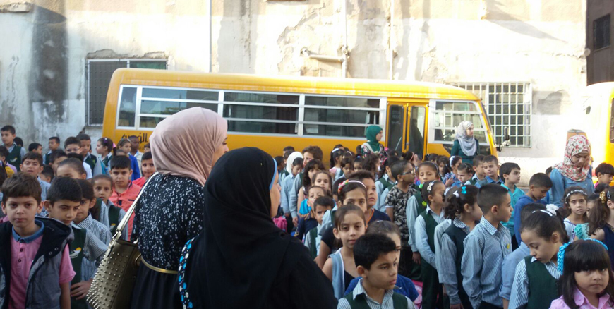 Teachers at a private school in Irbid attend to the morning assembly ahead of a work stoppage they took part in on Sunday to protest low salaries (Photo courtesy of Heba Abu Ghnaim)