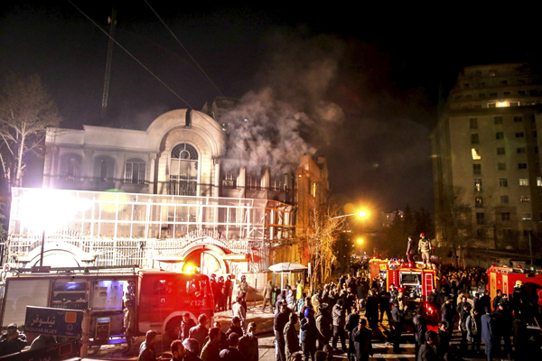Flames rise from Saudi Arabia's embassy after it was stormed by Iranian protesters during a demonstration in Tehran, Iran, January 2 (Reuters photo)