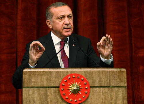 Turkey’s President Recep Tayyip Erdogan gives a speech commemorating those killed and wounded during a failed July 15 military coup in Ankara, Turkey, late Friday (AP photo)