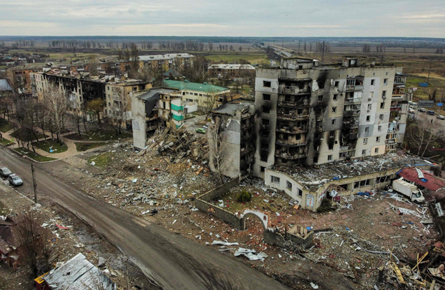 This aerial view taken on Wednesday shows a destroyed residential building in the town of Borodianka, northwest of Kyiv, on Wednesday, during Russia's military invasion launched on Ukraine (AFP photo)