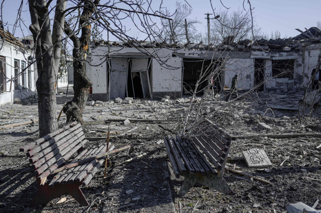 This photo taken on Tuesday shows debris in a mental health hospital hit by the Russian shelling in Mykolaiv, southern Ukraine (AFP photo)