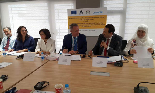 Minister of Social Development Hala Lattouf attends the launching event  of a new partnership between the National Aid Fund, the EU and UNICEF on Monday (Photo courtesy of UNICEF Jordan’s Facebook page)