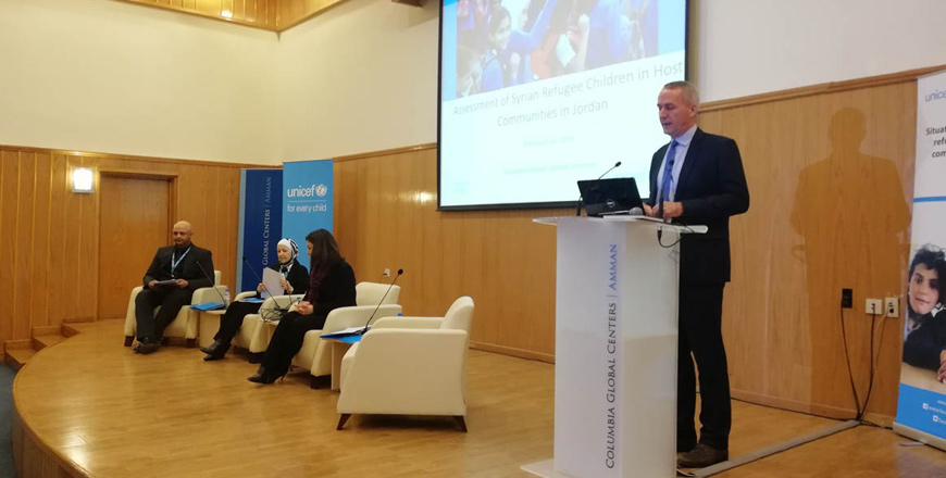 UNICEF Representative-Jordan Robert Jenkins outlines a study on Syrian refugee children in host communities in Jordan (Petra photo)
