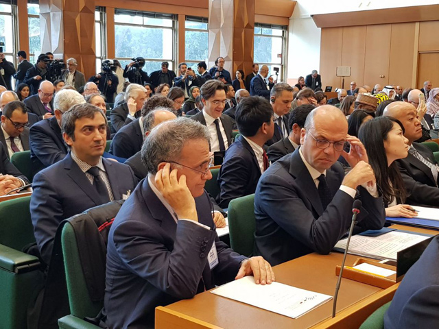 Italian Minister of Foreign Affairs and International Cooperation Angelino Alfano takes part in a meeting in support of UNRWA in Rome, on Saturday (Photo courtesy of Italian embassy)