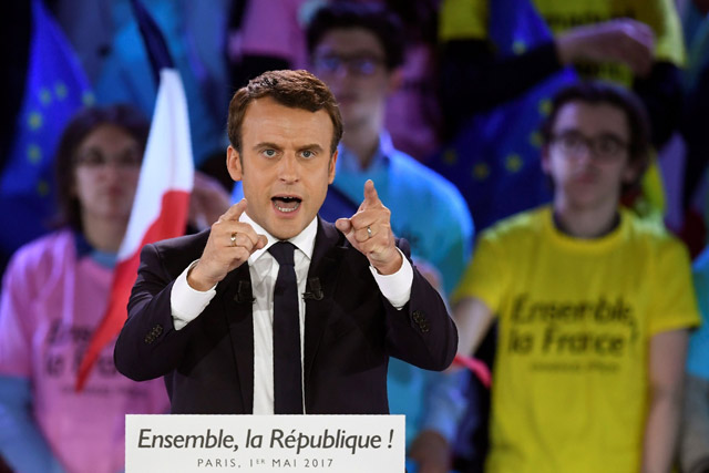 This file photo taken on May 1 at the Paris Event Centre in Paris shows French presidential election candidate for the En Marche ! movement, Emmanuel Macron delivering a speech during a campaign rally (AFP photo)