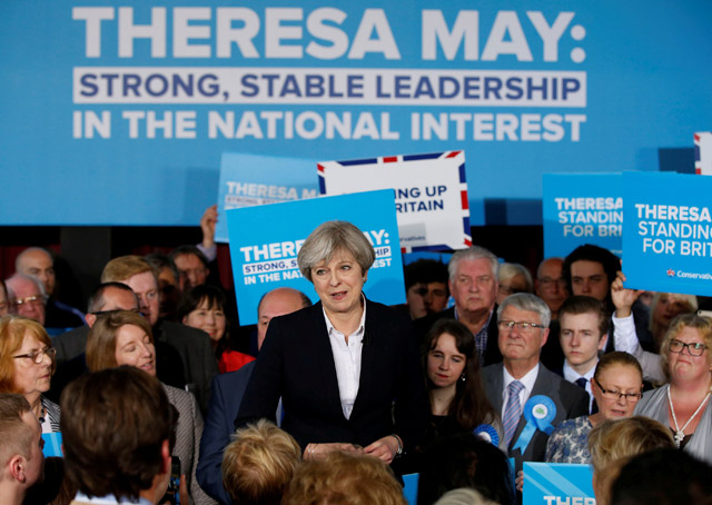 Britain's Prime Minister Theresa May delivers a speech to Conservative Party members in Mawdesley village hall, Ormskirk, Britain, May 1 (Reuters photo)