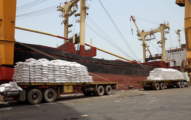 A general view shows medical aid being offloaded from a ship in Yemen’s Red Sea port of Hodeidah on Thursday (AFP photo)