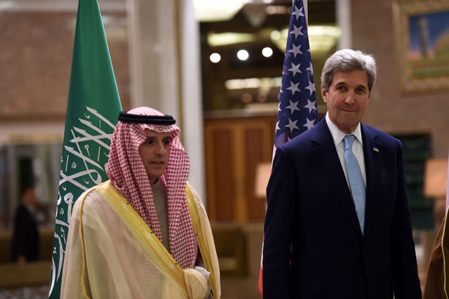 US Secretary of State John Kerry (right) talks to Saudi Minister of Foreign Affairs Adel Al Jubeir during a meeting of the Quartet on the situation in Yemen, on Sunday, in Riyadh (AFP photo)