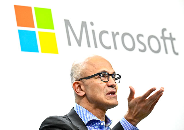 In this file photo taken on February 27, 2019, Microsoft CEO Satya Narayana Nadella speaks during a so-called Fireside-Chat with the CEO of German carmaker Volkswagen (unseen) where they unveiled their cooperation for the Volkswagen Automotive Cloud developed with Microsoft in Berlin. ( AFP photo)