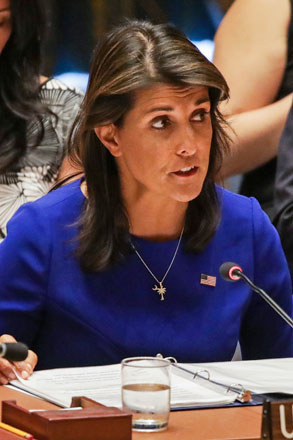 United States Ambassador to the UN Nikki Haley speaks during a United Nations Security Council meeting on the situation in Myanmar at UN Headquarters in New York, on Tuesday (AFP photo)